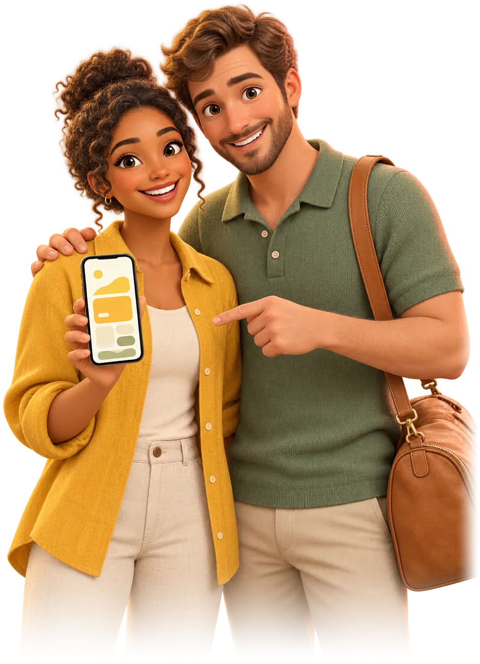 Illustration of two smiling travellers. She holds up a phone showing the guest guide and he points at it.
