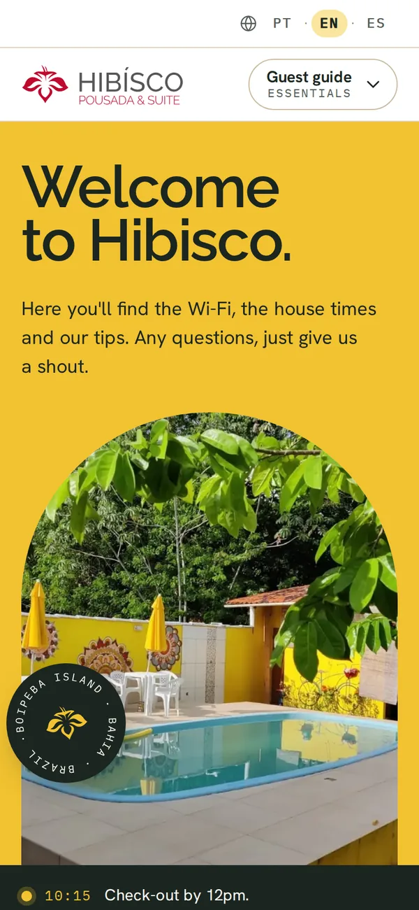 The demo guide in English: “Welcome to Hibisco.” in large type above a photo of the pool.
